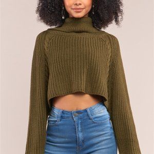 OLIVE BALLOON SLEEVE TURTLENECK CROPPED SWEATER